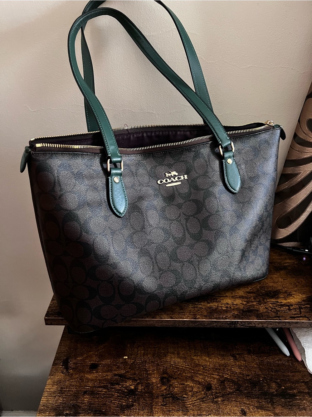 Coach Dark Brown Monogram Tote with Green Leather Straps